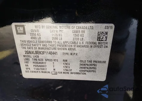 2015 Chevrolet Equinox 1Lt z USA, uszkodzony, nr VIN 2GNALBEK3F1148441